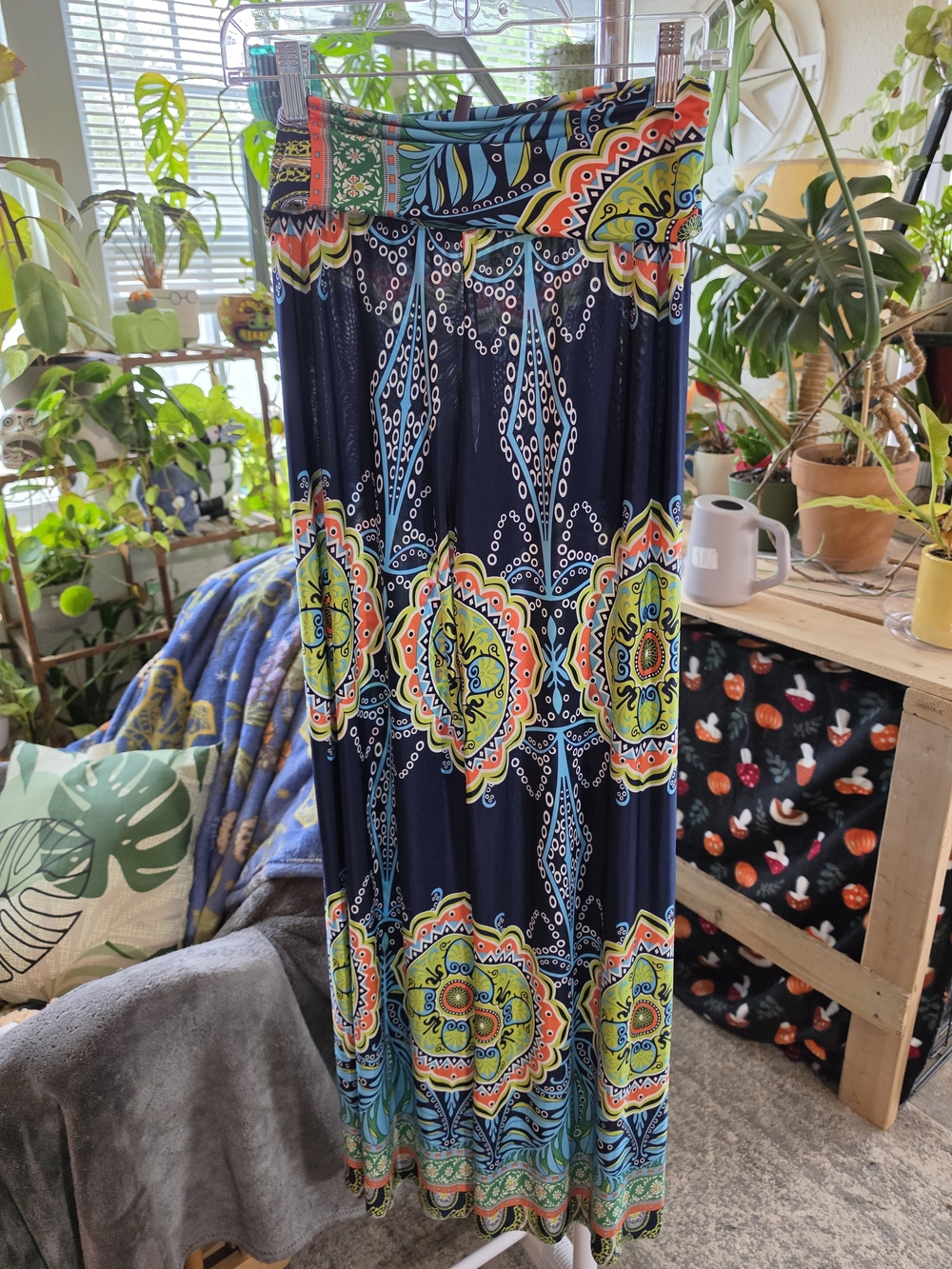 Bohemian Navy Wide-Leg Palazzo Pants with Multicolor Medallion Print